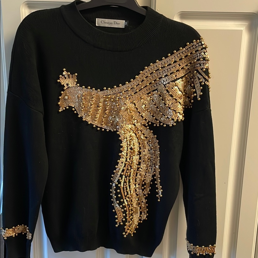 Christian Dior Black Sweater with Gold Embellished Bird